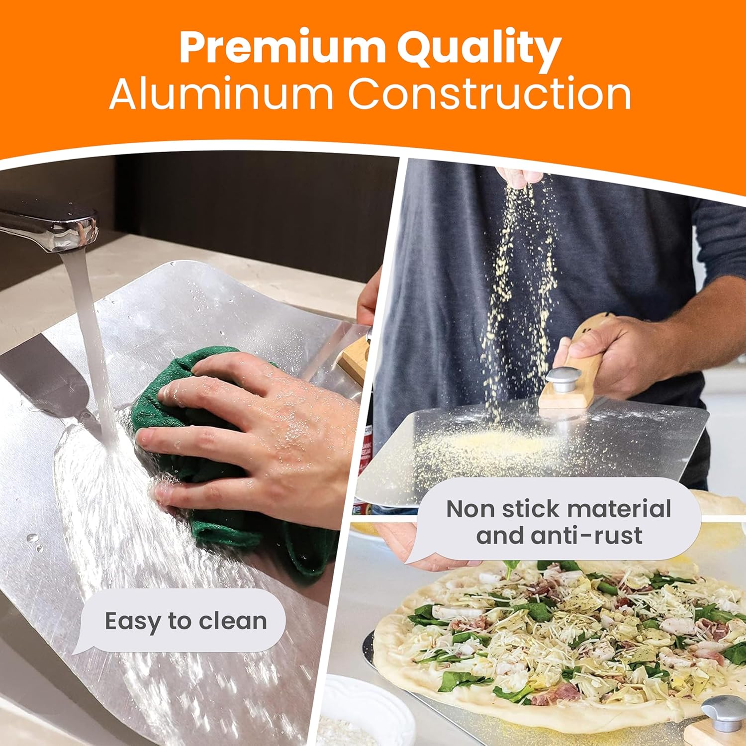 SKH Premium Aluminum Pizza Peel with Foldable Wooden Handle & Rocker Cutter -Large 23 x 12 Metal Pizza Paddle for Perfect Pizza, Easy Storage, and Precise Slicing